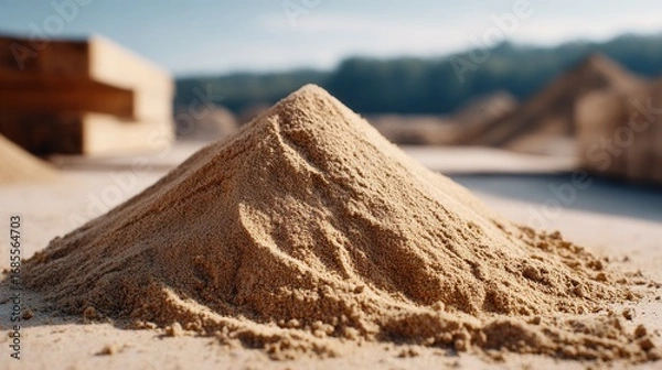 Fototapeta A close-up view of a sand pile at a construction site, showcasing the texture and grains of sand in a natural outdoor setting.