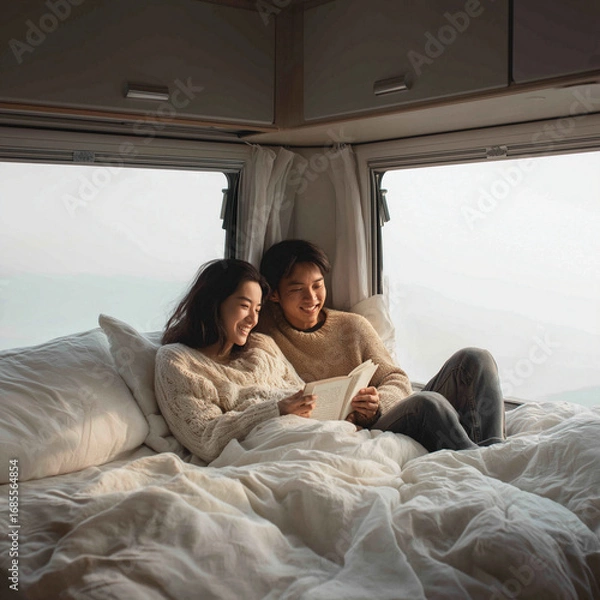 Fototapeta Couple enjoys a cozy moment reading together in a camper van on a tranquil morning