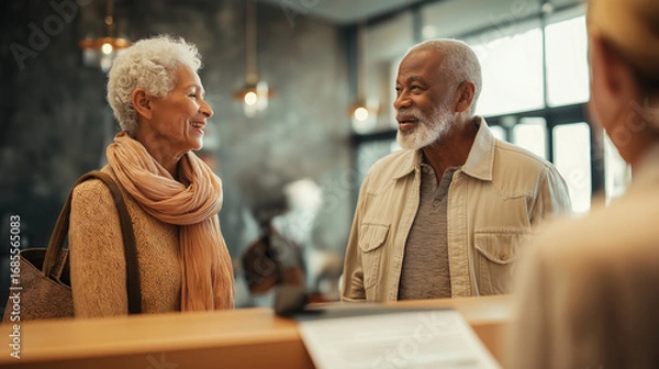 Fototapeta Couple enjoys warm conversation at a cozy cafe during a sunny afternoon in the city