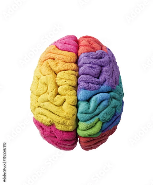 Fototapeta Colorful brain model, top-down view.  A stylized brain, presented in a rainbow of colors, is centrally positioned.  The brain's hemispheres are distinctly colored, with varied hues