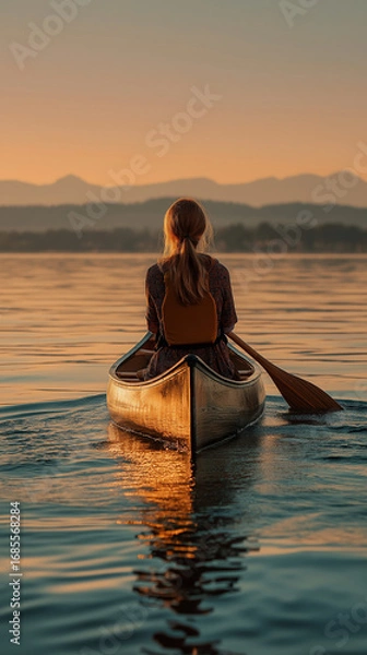 Fototapeta Serene canoe ride at sunset on a tranquil lake surrounded by mountains