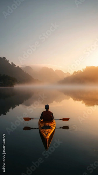 Fototapeta Kayaker paddles in tranquil lake at dawn in misty mountainous landscape