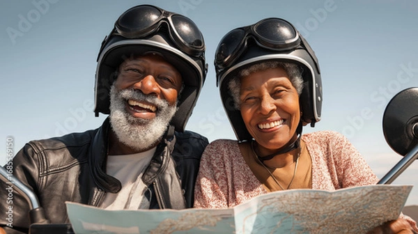 Fototapeta Mature couple enjoying a joyful motorcycle adventure while exploring a map outdoors