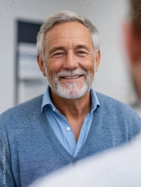 Fototapeta A cheerful elderly man with a beard smiles warmly in a cozy indoor environment, conveying a sense of happiness and comfort.