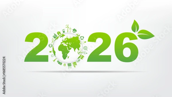 Fototapeta Green eco concept 2026 with globe, sustainable energy icons, and leaf design. Perfect for environment, renewable resources, climate change, Earth Day, and sustainability future projects.
