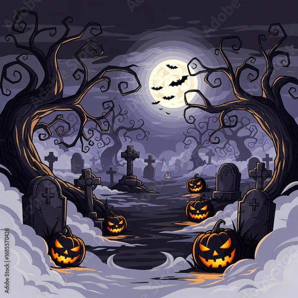 Fototapeta Creepy graveyard with twisted trees, fog, jack-o’-lanterns, Halloween scary vector background