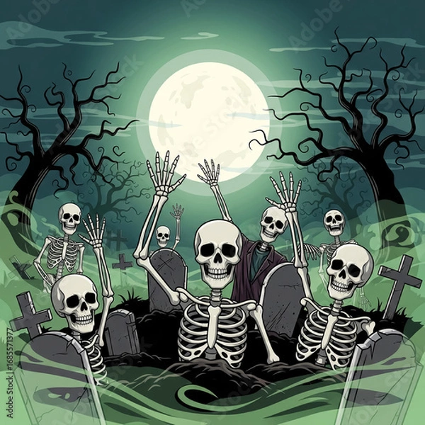 Fototapeta Skeletons rising from grave, eerie mist, full moon, Halloween vector illustration