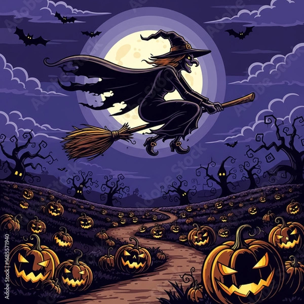 Fototapeta Witch flying on broomstick over pumpkin patch, Halloween night, vector illustration, spooky atmosphere