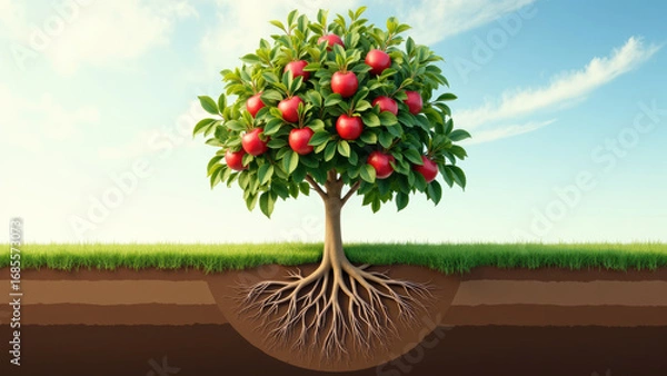 Fototapeta Vibrant apple tree with lush green leaves and ripe red apples stands prominently against clear blue sky. tree roots are visible, showcasing its