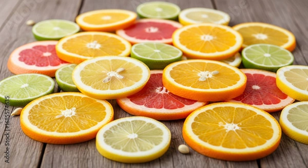 Fototapeta Fresh Citrus Fruit Slices of Orange, Lemon, Lime, and Grapefruit on Wooden Background, Vibrant Healthy Food for Refreshing Nutrition
