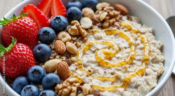 Fototapeta Healthy Oatmeal Bowl with Fresh Strawberries, Blueberries, Walnuts, Almonds, and Honey Drizzle for Nutritious Breakfast Inspiration