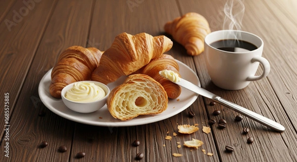 Fototapeta Fresh croissants with butter and hot coffee on wooden table, delicious breakfast pastry with flaky layers, morning meal, and bakery concept