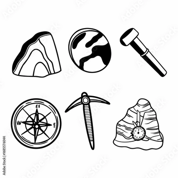 Obraz Geology and exploration icons featuring rocks, compass, pickaxe and other tools