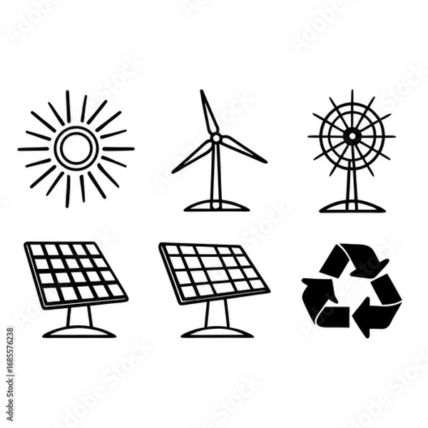 Obraz Illustration of renewable energy sources, including solar panels, wind turbines, and recycling symbols