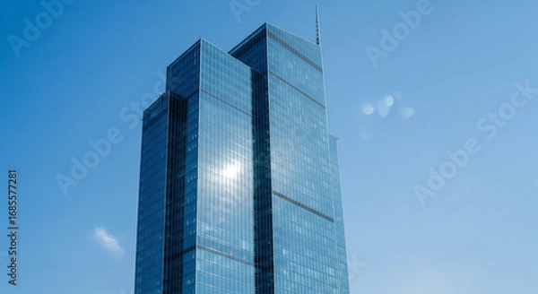 Fototapeta Modern glass skyscraper tower architecture with blue sky reflection, corporate business office building, and urban city skyline design