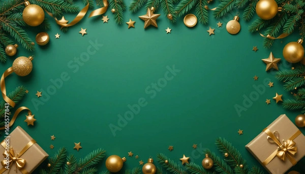 Fototapeta Creative flat lay of green background decorated with Christmas ornaments, golden baubles, stars, ribbons, pine branches, and gift boxes