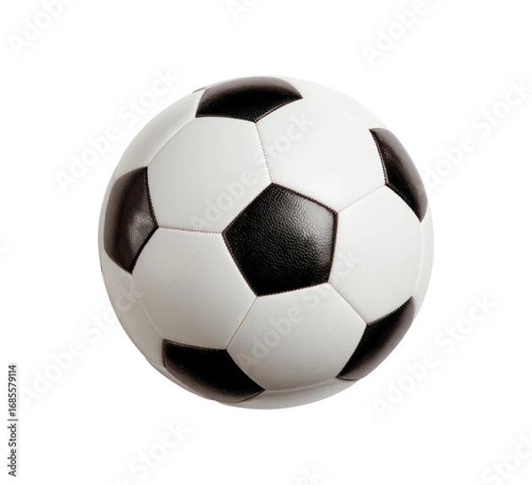 Fototapeta A black and white soccer ball, perfectly round, is centered on a black background.  The ball's surface is composed of alternating black and white hexagons