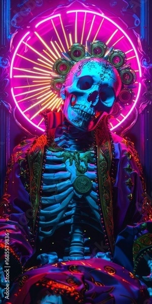 Fototapeta Vibrant digital illustration of a regal skeleton adorned in jewels with a glowing pink neon halo, a powerful cyberpunk symbol of death and eternity