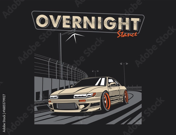 Fototapeta overnight racing illustration featuring 90s car vector and circuit background graphic