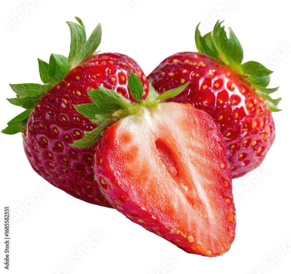 Obraz Three fresh strawberries, one sliced in half, vibrant red, green leaves