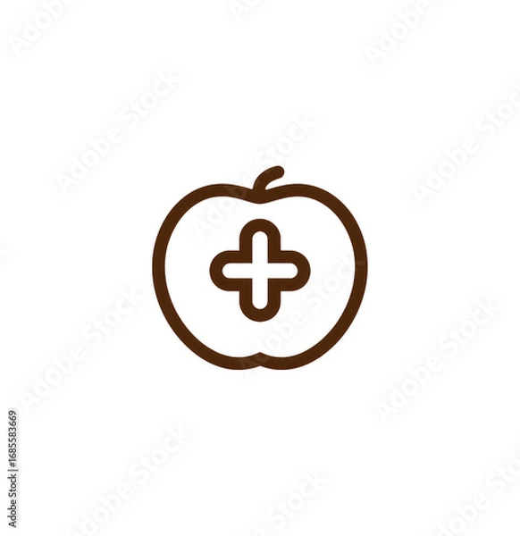 Fototapeta A stylized, outlined, brown apple icon with a plus sign in the center. 