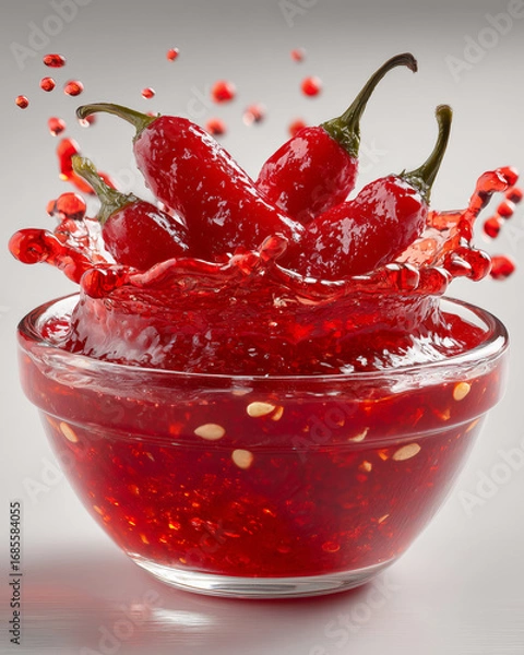 Fototapeta Unique chamoy pickle plopped into vibrant bowl of red chili sauce