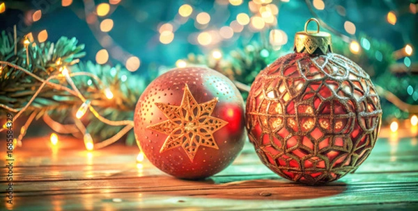 Fototapeta Festive christmas ornaments and twinkling lights create a warm holiday atmosphere close up