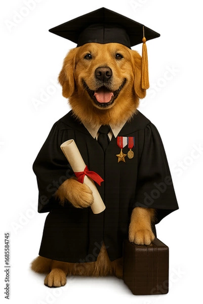 Fototapeta Graduation dog with diploma scroll and gown, golden retriever graduation dog smiling in academic outfit, graduation celebration dog with cap and scroll, Isolated on transparent background, PNG die-cut