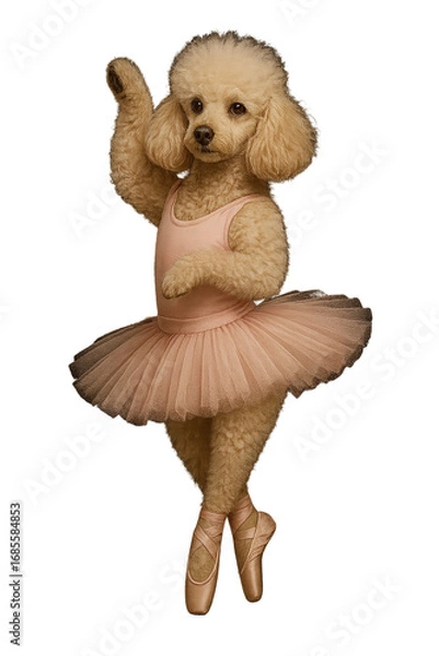 Fototapeta Ballet dancer dog in tutu and pointe shoes, elegant poodle ballet dancer in graceful pose, ballerina dog for dance-themed artwork, Isolated on transparent background, PNG die-cut for advertising.