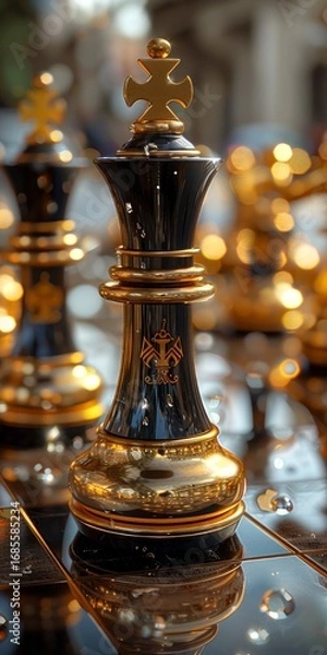 Fototapeta Luxurious Golden King Chess Piece Reflects on a Gleaming Chessboard