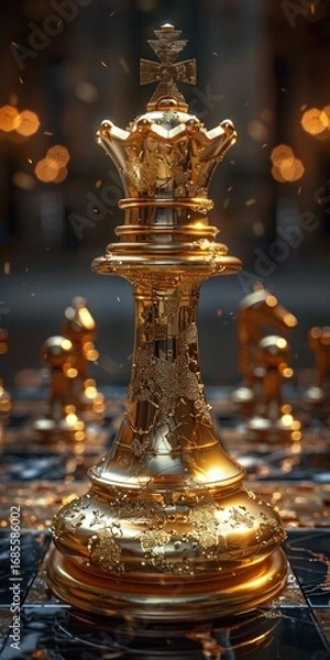 Fototapeta The powerful golden queen piece shining on a chessboard, a concept of leadership, strategy, and success in a game