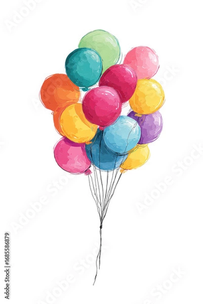 Fototapeta A cluster of colorful balloons, tied together by a dark string, against a black background.  