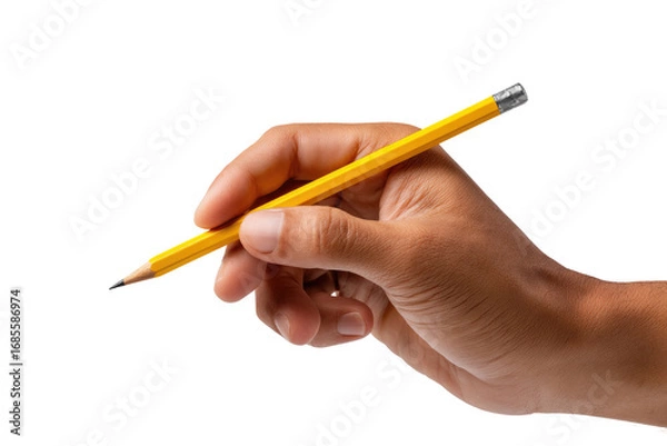 Fototapeta A hand holds a yellow pencil. The pencil is angled, ready to write