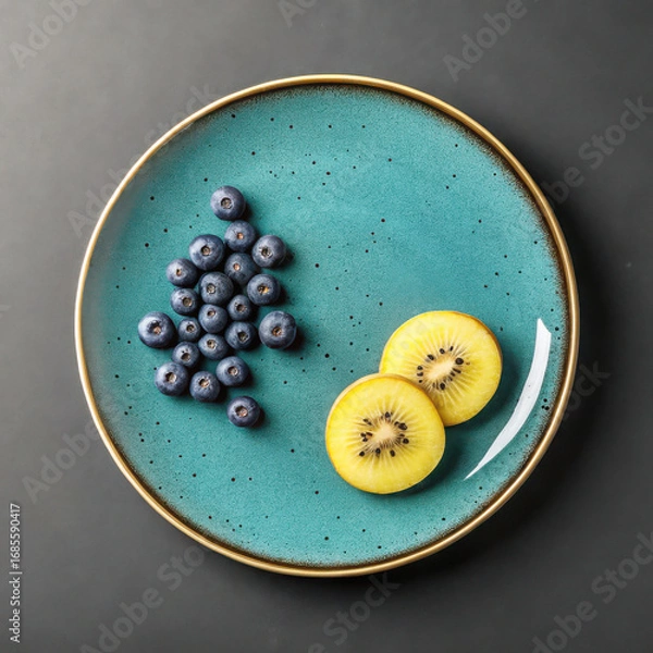 Fototapeta Artistic teal ceramic plate with fresh blueberries and sliced kiwi fruit overhead view