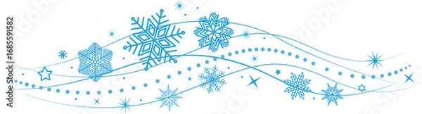 Obraz Snowflakes border in wave shape . Blue snowflakes with stars border . Beautiful snowflakes wave vector . Christmas decoration .	