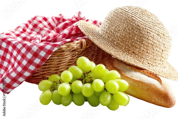 Fototapeta Picnic basket with grapes, bread, and straw hat (2)