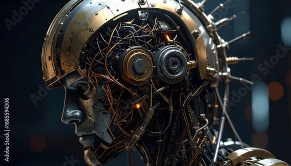 Fototapeta Steampunk Humanoid: A captivating close-up portrait of a steampunk-inspired humanoid, blending intricate mechanical components with a human-like form.