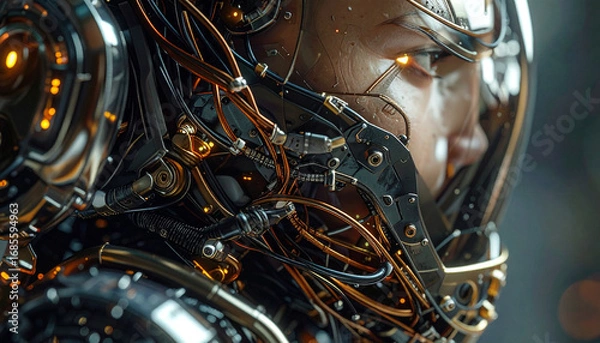 Fototapeta Cybernetic Explorer: A stunning portrait of a person immersed in advanced cybernetics, their gaze set on an unknown horizon.