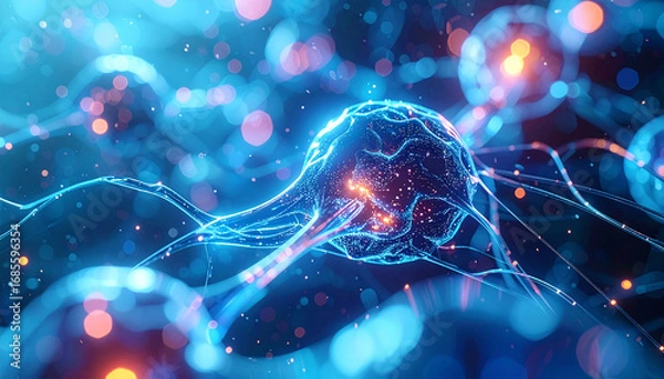 Fototapeta Neural Network: Dive into the complex and luminous world of a neural network, where interconnected neurons glow with a vibrant blue light, signifying the intricate processes of the human mind.