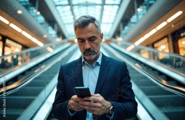 Fototapeta A businessman in formal attire using a smartphone in a modern shopping mall or airport terminal