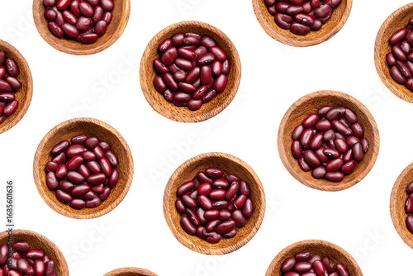 Fototapeta Red beans in small wooden bowls, repeating pattern on black background (1)