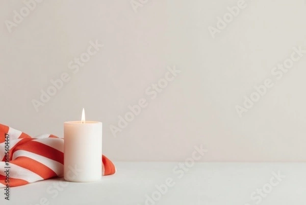 Fototapeta Candle on clean surface next to striped cloth, creating serene atmosphere