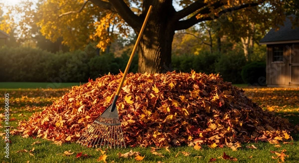 Fototapeta Wooden rake leaning against large pile of colorful autumn leaves in backyard garden setting. Seasonal yard work concept for fall cleanup and outdoor home maintenance activities
