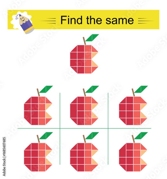 Obraz Puzzle game for kids. Attention task. Need to find the same of red apple.