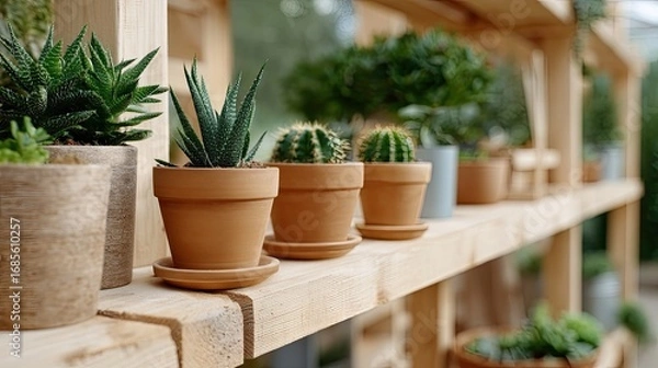 Obraz Colorful plants are organized in wooden boxes within a well-lit greenhouse, creating a lively atmosphere for gardening enthusiasts