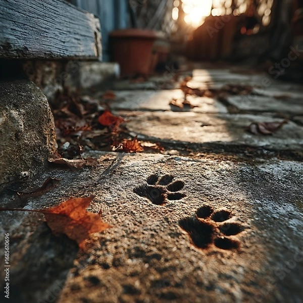Fototapeta Cat paw marks scattered leaves high resolution picture