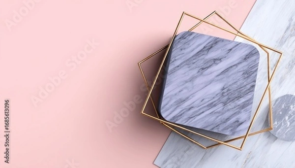 Fototapeta A sophisticated, geometric display featuring a light gray marble square platform, nestled within a golden frame, set against a backdrop of pastel pink and neutral tones.