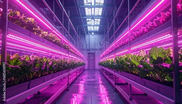Obraz Rows of plants under LED lights in a modern greenhouse