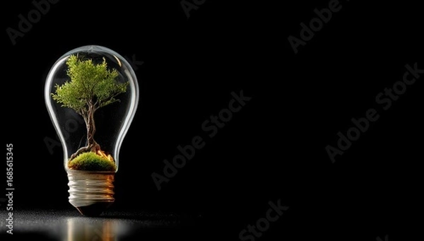 Fototapeta A small bonsai tree is nestled inside a clear lightbulb, creating a captivating visual metaphor for growth and illumination against a stark black backdrop.