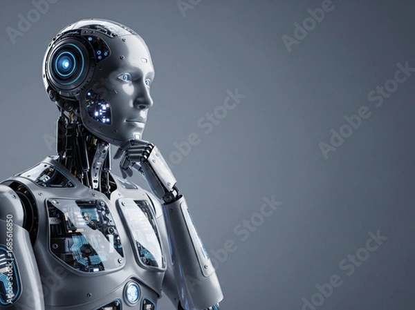 Fototapeta Intelligence artificielle futuriste avec visage robotique et code binaire